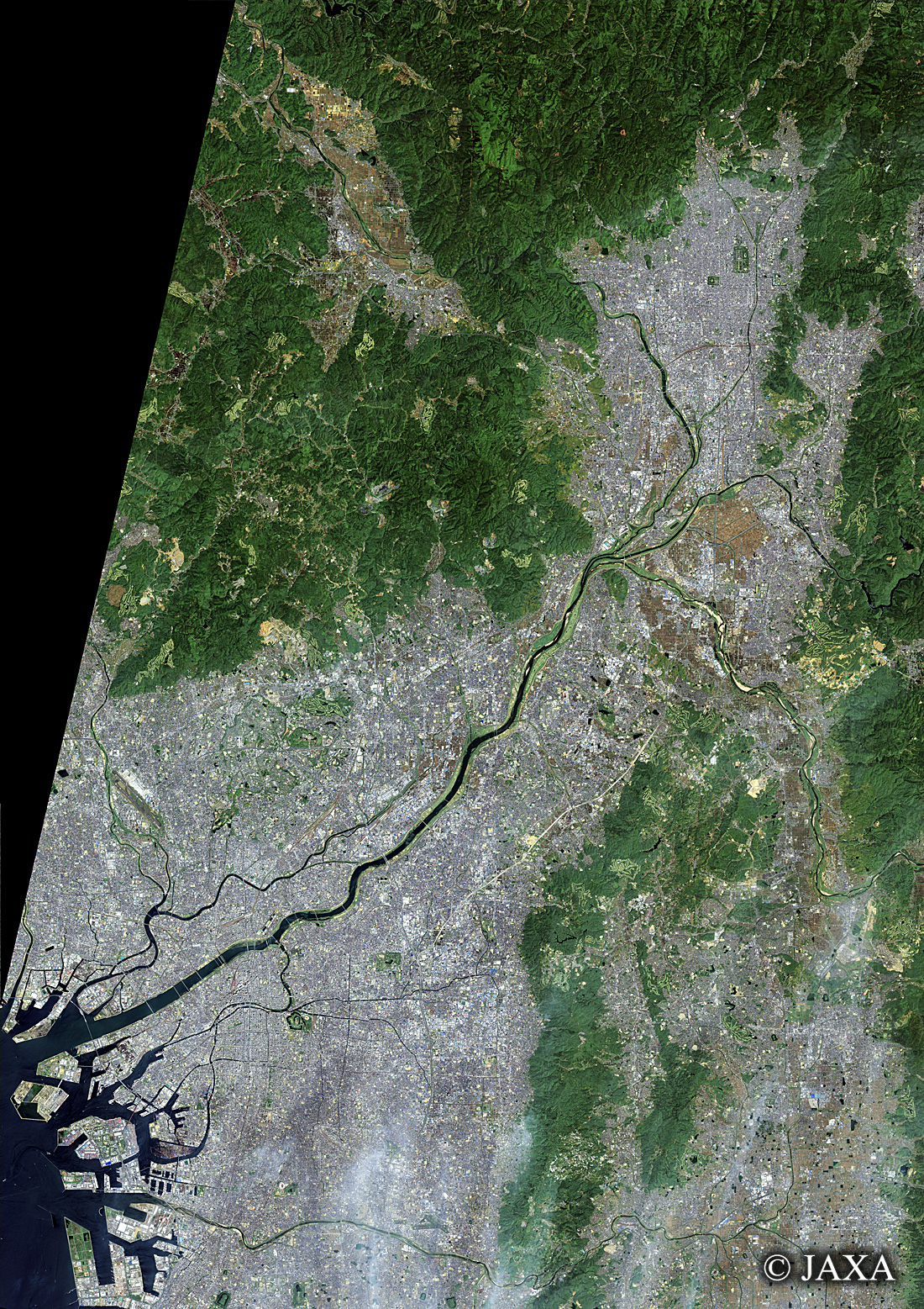 だいちから見た日本の都市 京都府、大阪府、奈良県:衛星画像