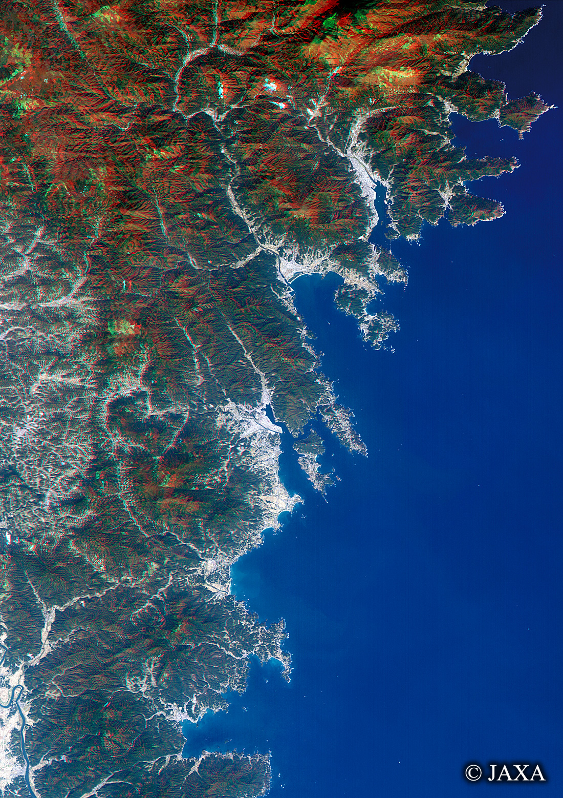 だいちから見た日本の都市 気仙沼市周辺立体視画像:衛星画像