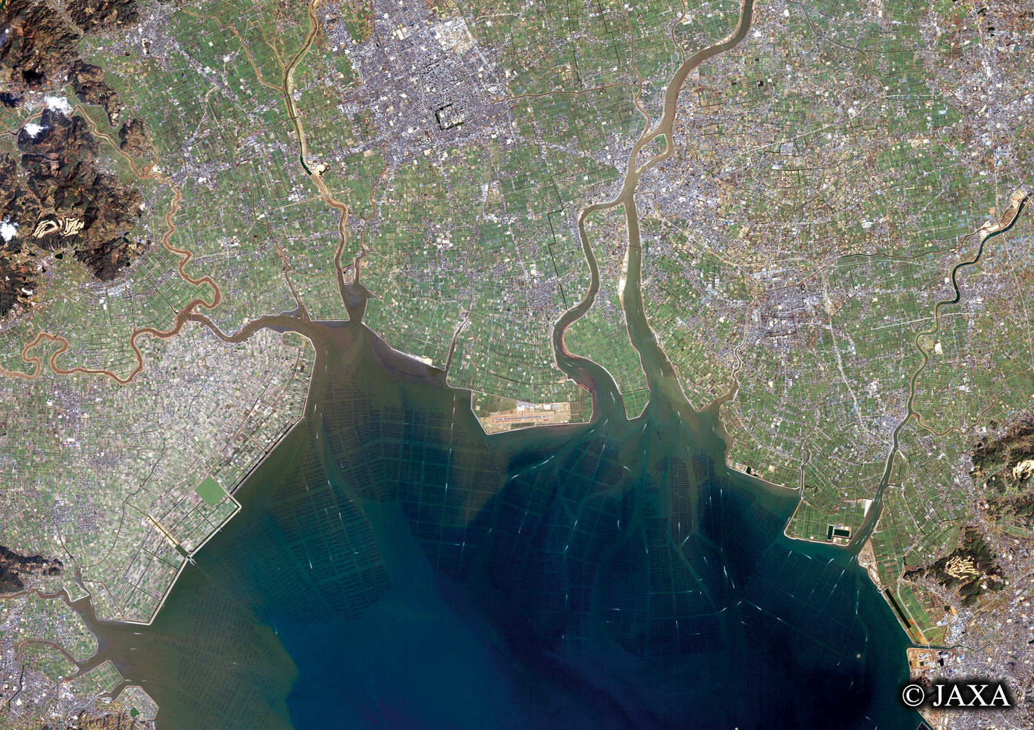 だいちから見た日本の都市 佐賀市周辺と有明海:衛星画像