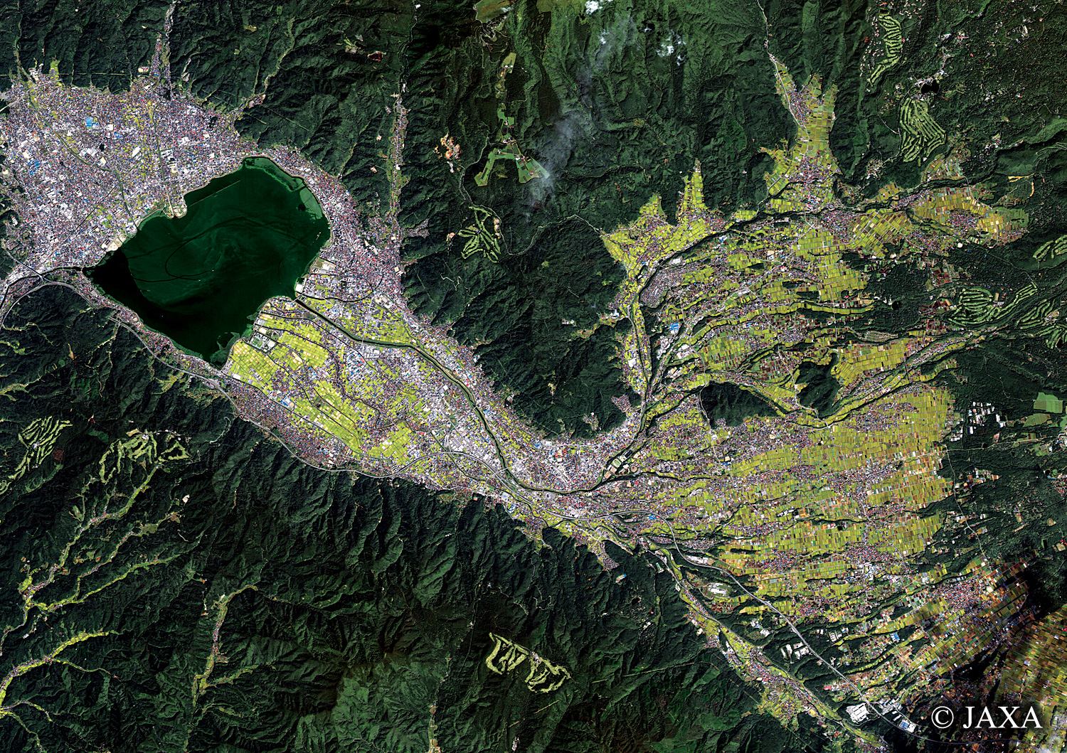 だいちから見た日本の都市 諏訪市、茅野市周辺:衛星画像