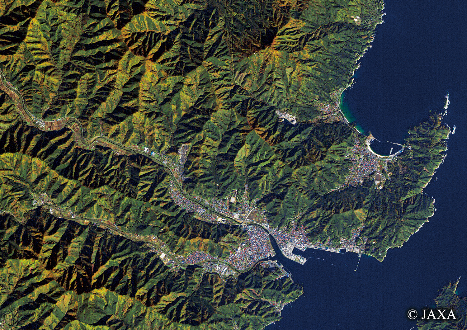 だいちから見た日本の都市 大槌町周辺:衛星画像