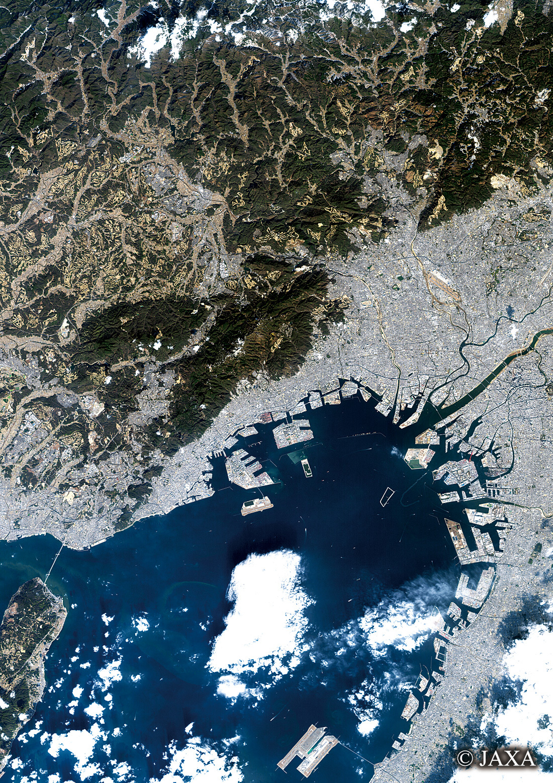 だいちから見た日本の都市 神戸市と大阪湾周辺辺:衛星画像