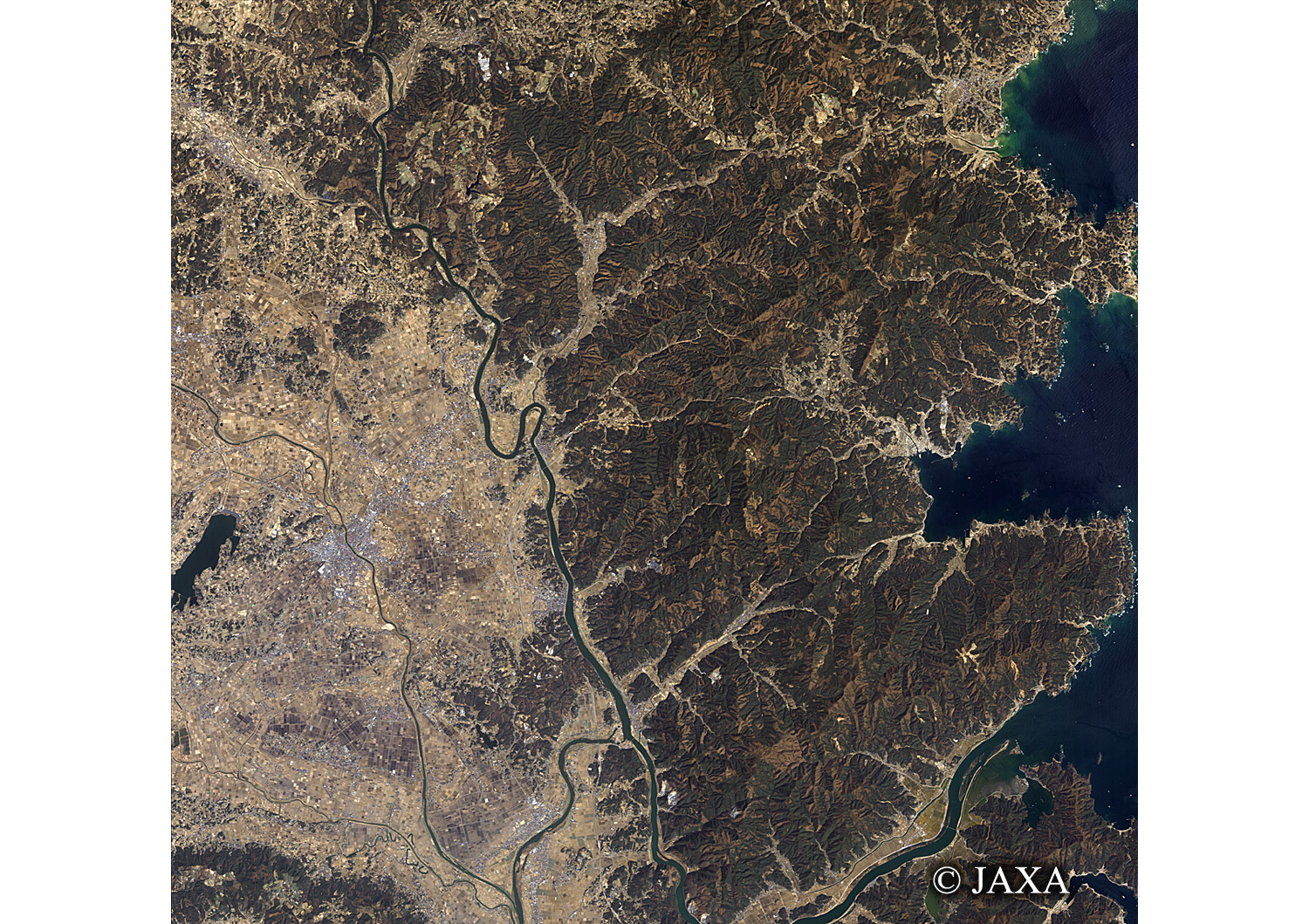だいちから見た日本の都市 震災後の南三陸町:衛星画像