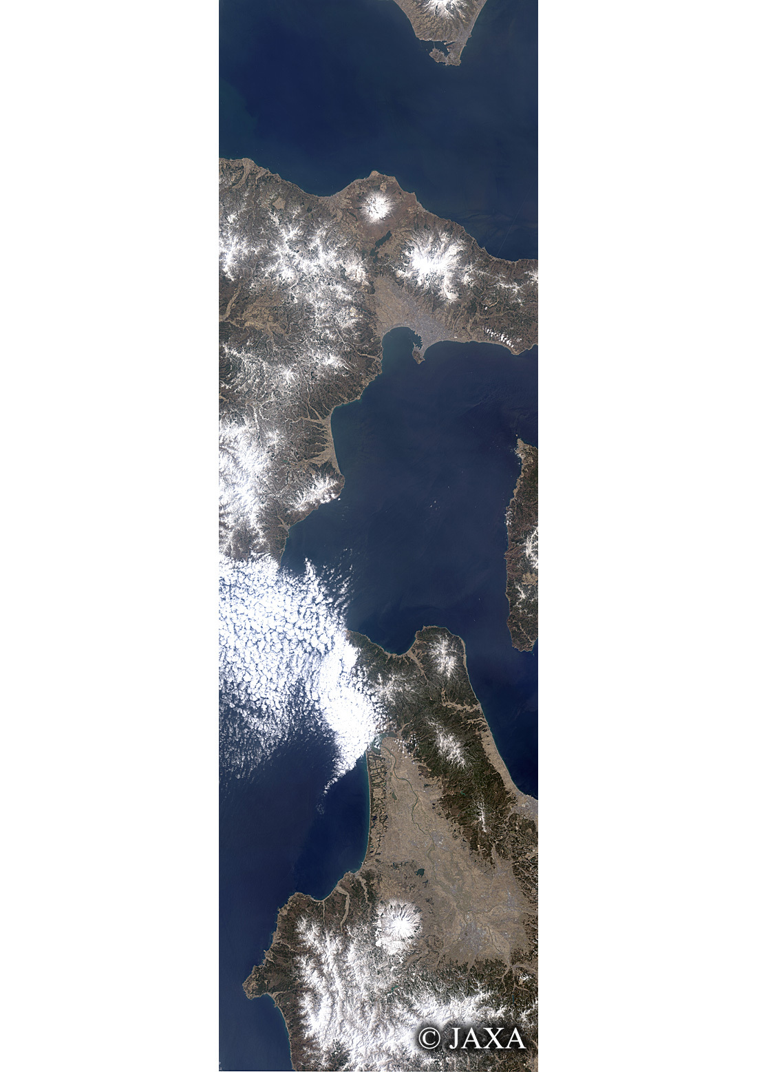 だいちから見た日本の都市 残雪の津軽海峡:衛星画像